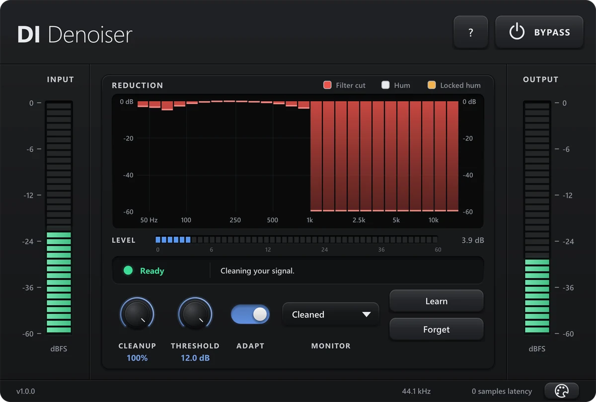 The DI Denoiser plug-in window, cutting in-game noise above 1 kHz while a guitar plays.